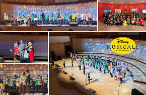 A large group of children in colorful costumes perform on a stage, with a Disney Musicals in Schools logo visible.